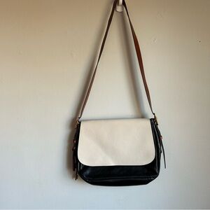 Fossil Leather Crossbody Bag Cream Black Brown Saddle Flap Shoulder Bag